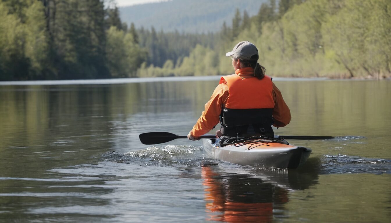 Kayaker with life jacket on calm river