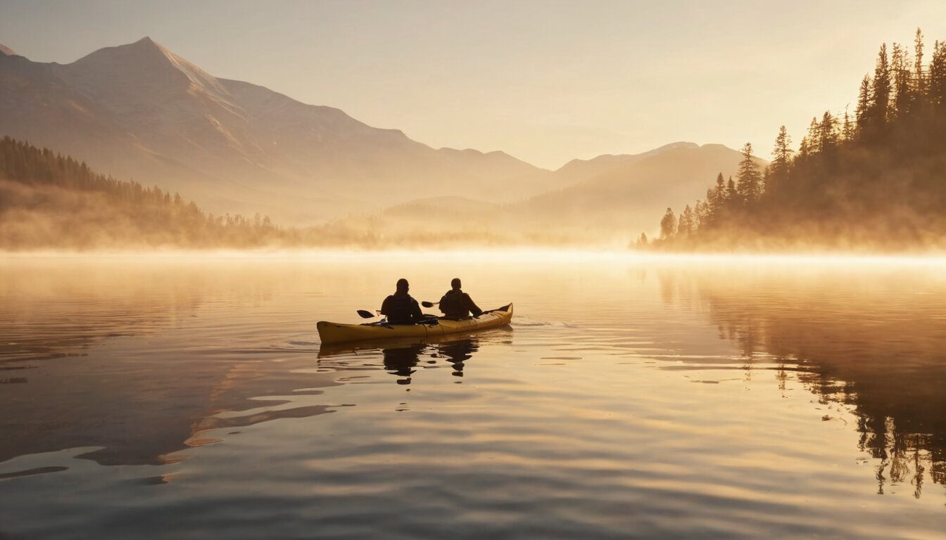 Two kayakers paddling at sunrise