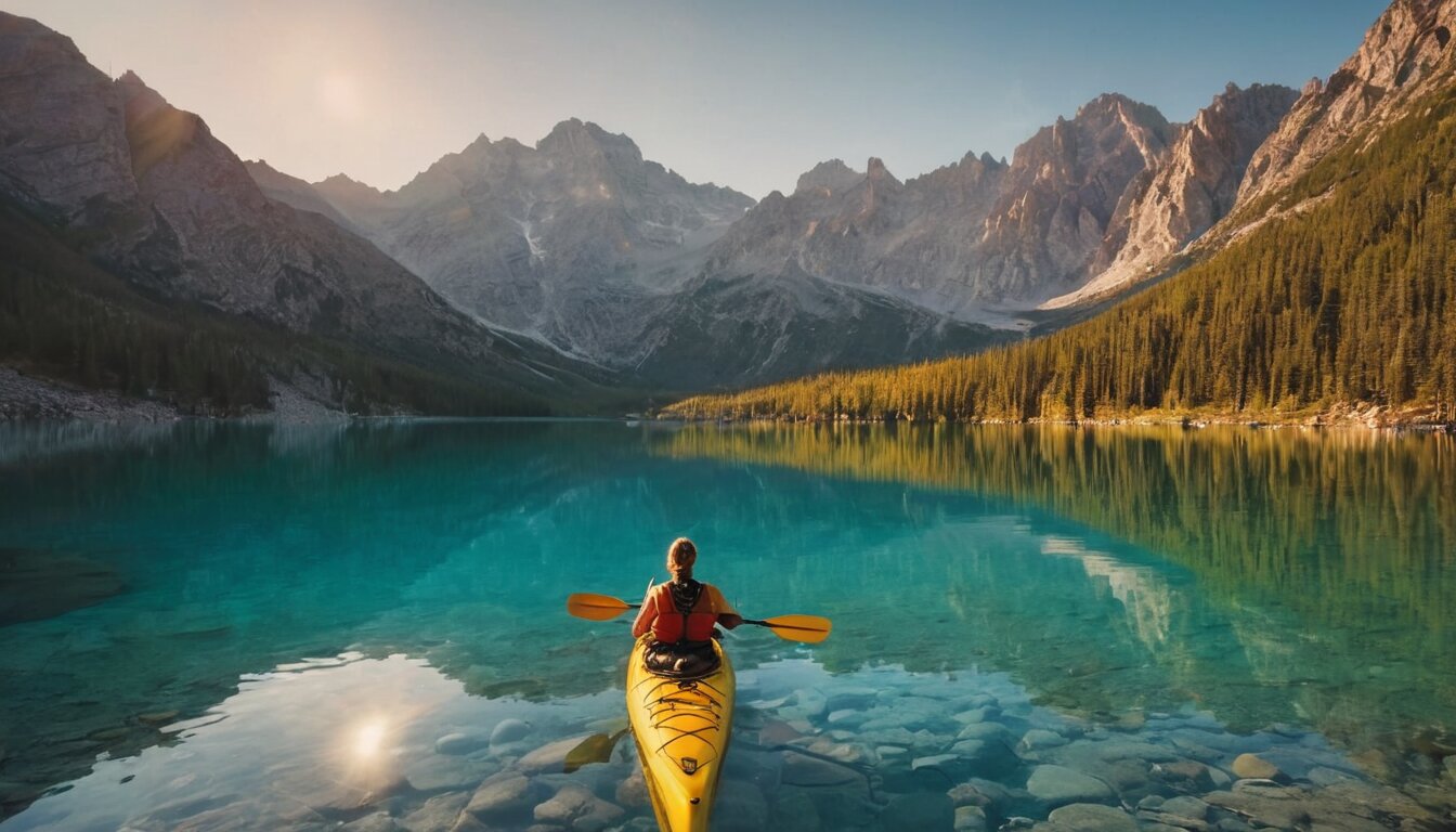 Kayaker on pristine alpine lake