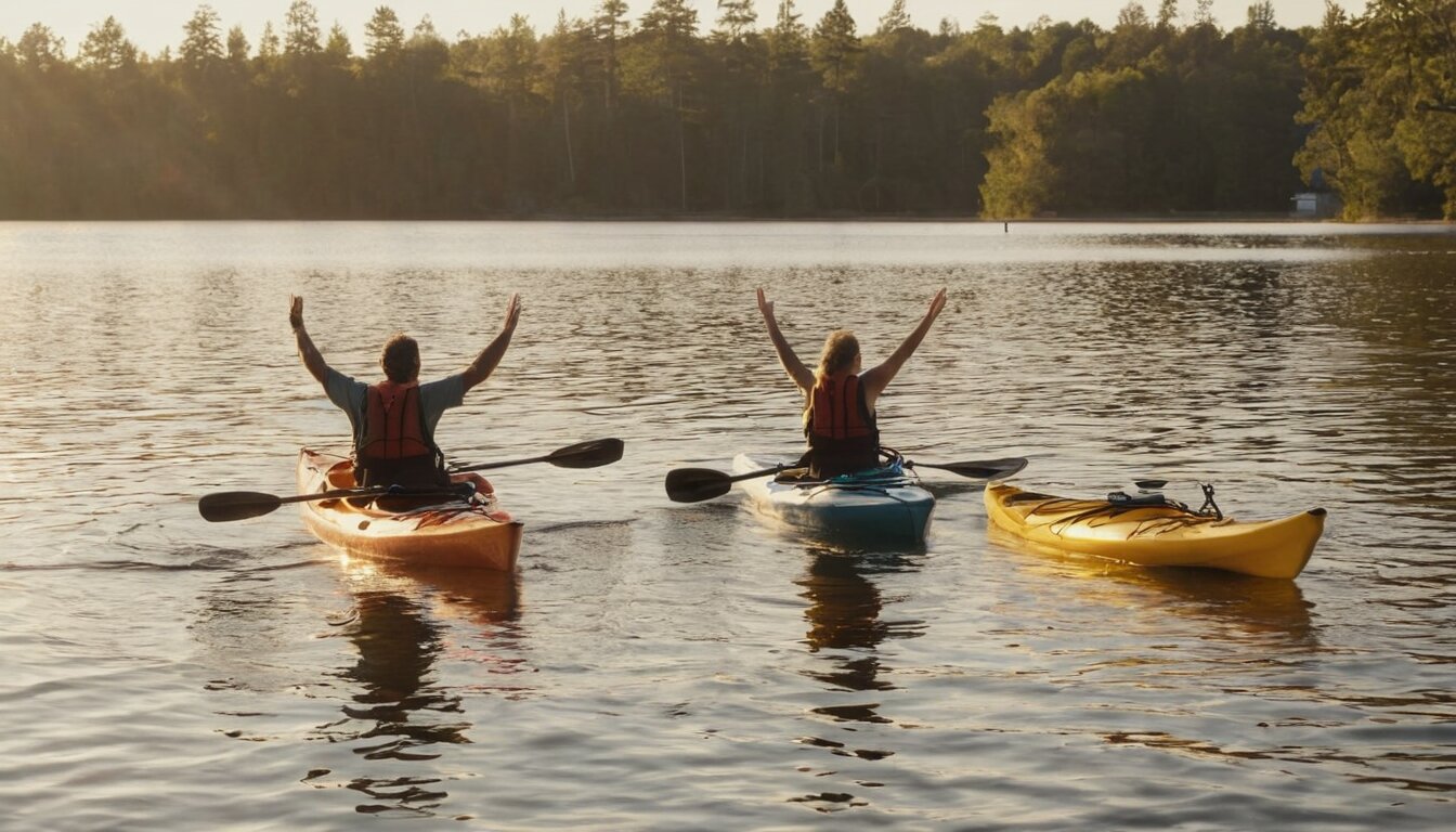 Two kayakers high-fiving on dock sharing recommendation