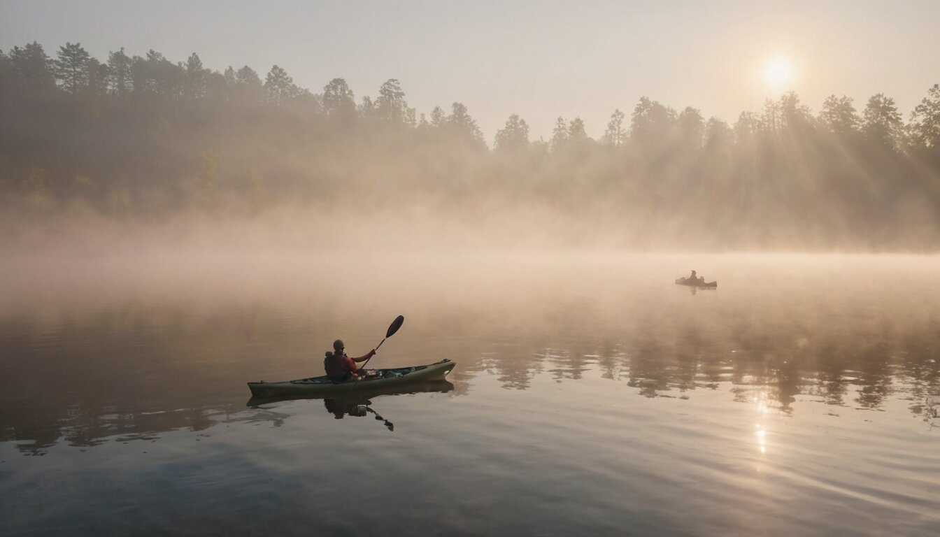 Kayaker checking phone on misty morning lake