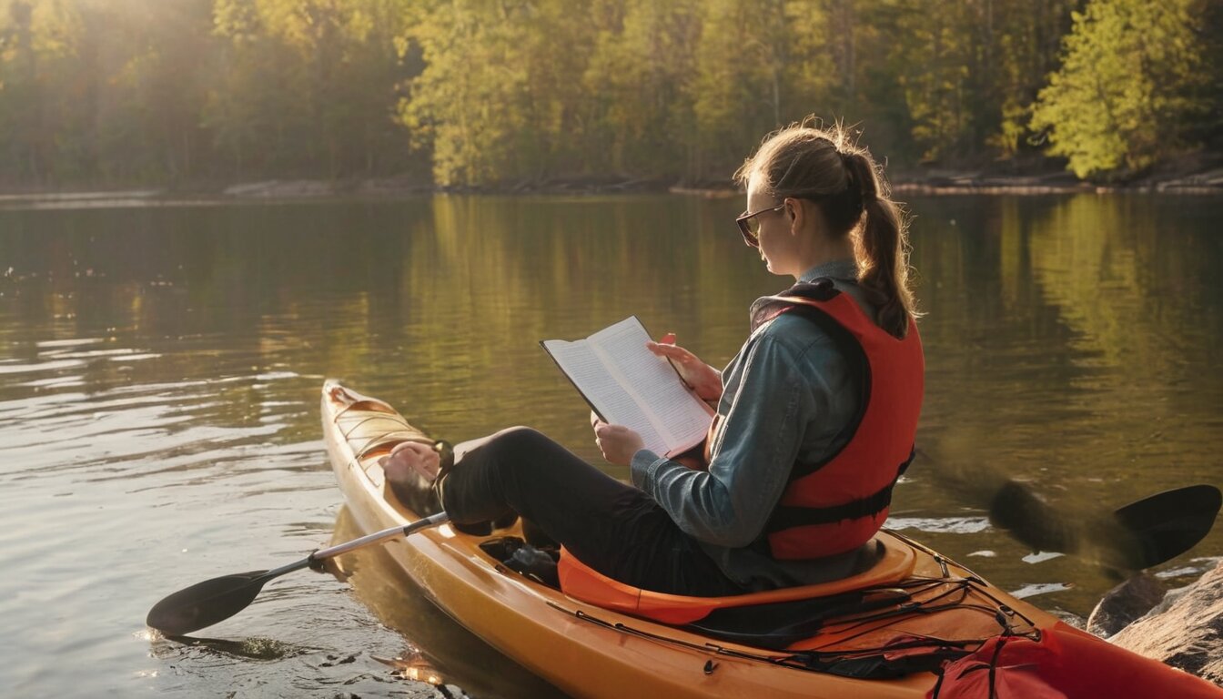 Person reading outdoor tips on phone by kayak at lakeshore