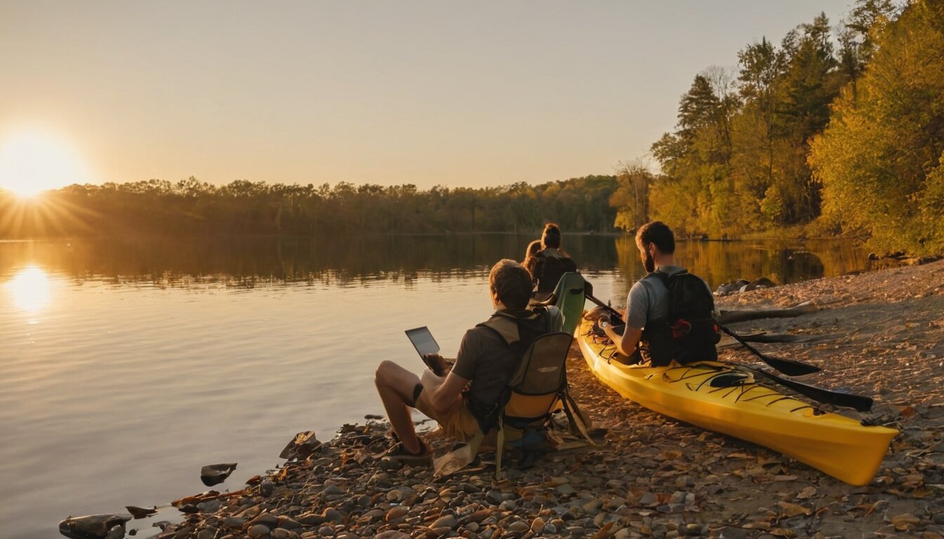 Kayaker watching tutorial video on tablet by lake