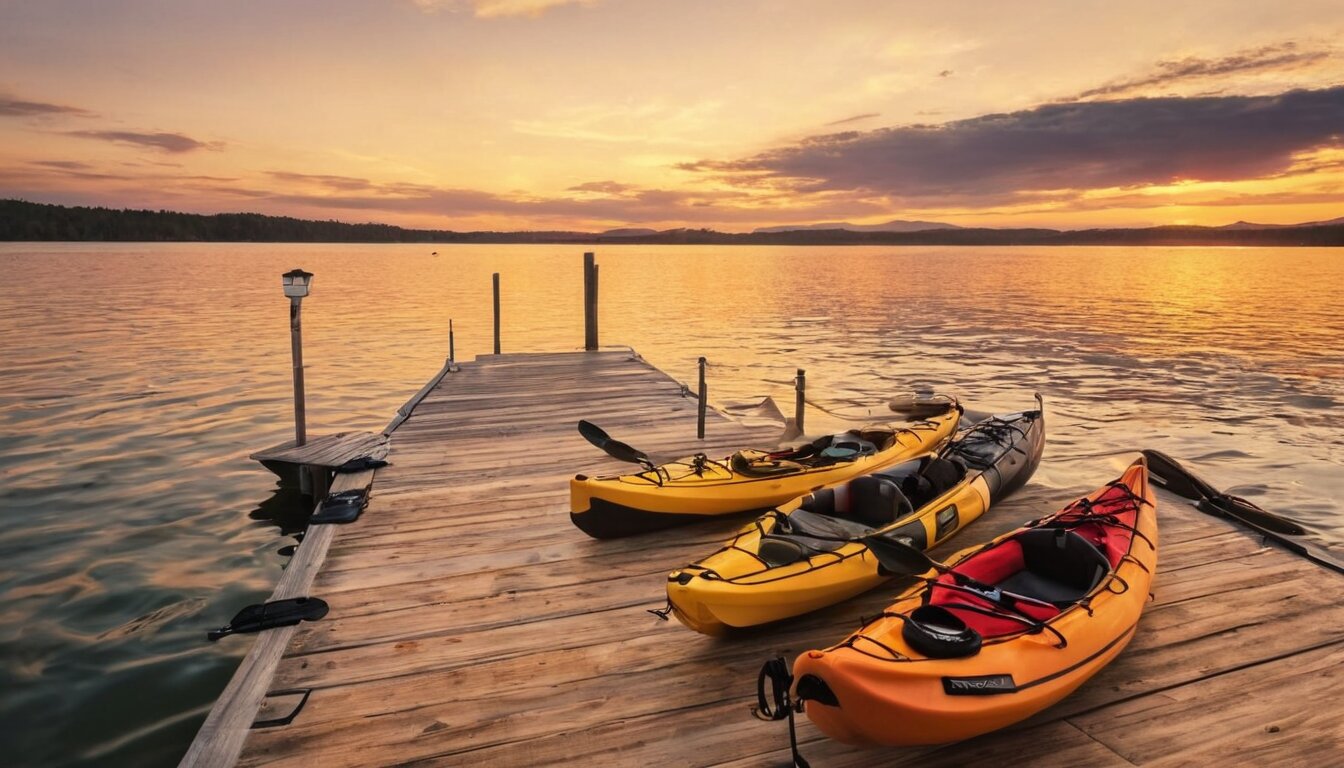 Premium kayak gear displayed on dock at sunset