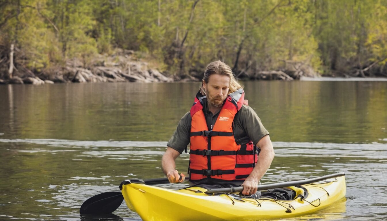 Kayaker trying on new life jacket and paddle