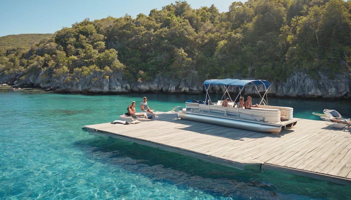 Pontoon boat in calm bay