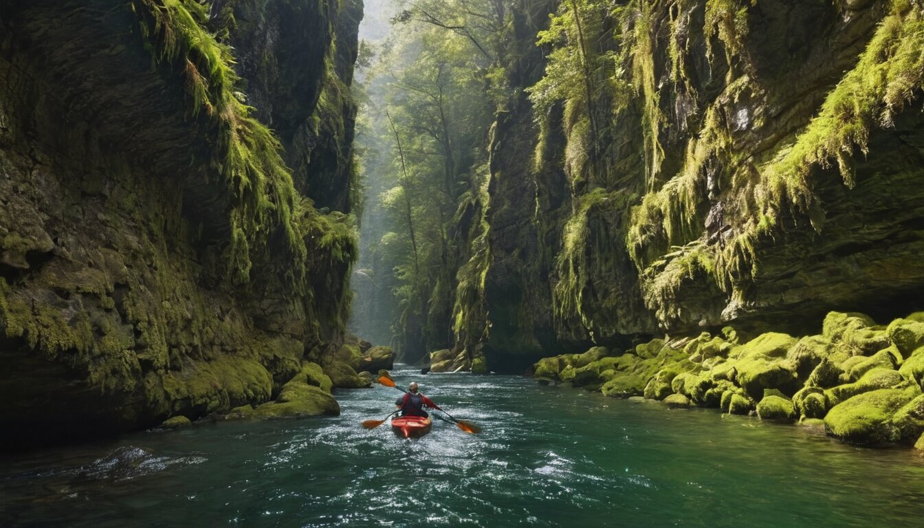 Kayaker in river canyon
